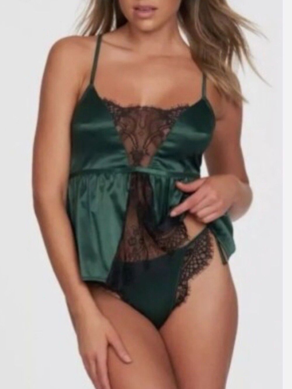 Frederick's of Hollywood Cami Set Womens L/XL Etta Short PJ Tanga 2-Piece Pine